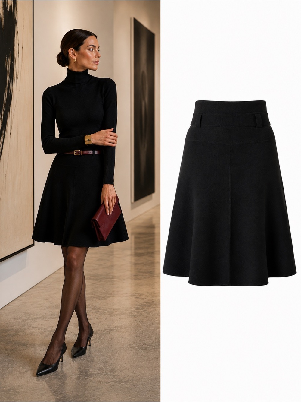 Akris Punto Black Virgin Wool A-Line Sweater Skirt Size Large Luxury Designer